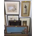 A collection of pictures and prints including a watercolour study of a standing gentleman in early