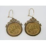 A pair of 9ct mounted half sovereign drop earrings, each dated 1906, 11.9g total