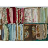 Four boxes of good quality curtains and fabric remnants including hand stitched needle point