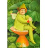 Beryl Cook (British 1916-2008) - David Collett as a smiling Elf seated on a toadstool, oil on board,