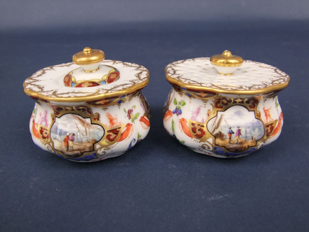 A 19th century continental Meissen type standish with reserved painted panels of harbour scenes, - Image 4 of 5