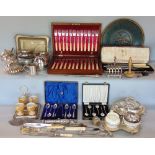 Oak part fitted canteen of cutlery, together with a further collection of silver plated items to
