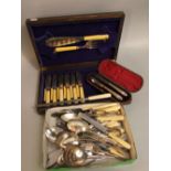 Oak part cased canteen of cutlery together with further silver plated flatware and others