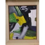 20th century school - Abstract study in yellow, black and green, oil on board, signed Vaughan, 27
