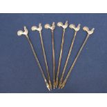Cased set of six silver cocktail sticks, each mounted by a cockerel, the case 11cm wide