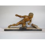 Art deco cast spelter figural group of a hunting man wearing a loin cloth, upon a marbled base, 74cm