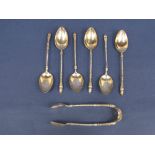 Continental 800 silver seven piece teaspoon suite comprising six spoons and sugar nips, with novelty