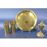 Collection of brassware to include a table lamp, two copper bound match stick holders and a circular