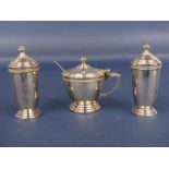 Cased three piece silver cruet set, maker AC & S Ltd, London, 1963, the case 21cm long