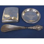 Edwardian silver hip shaped cigarette case, together with a further silver pin tray, 4oz approx;