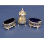 Pair of Edwardian silver oval salts with pierced geometric decoration, together with a further