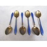 Cased set of six 925 silver and guilloche enamel coffee spoons, in blue, the case 15cm wide