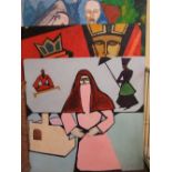 20th century - Three large oil paintings on board, Egyptian style figural subjects, unsigned,