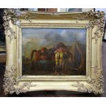 19th century school - Scene at an encampment with pair of horses, oil on board, unsigned but with