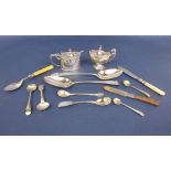 Two silver mustards, both with blue glass liners, with a collection of silver and plated flatware to