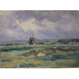 Early 20th century British School, landscape with windmill, oil painting on board, unsigned, 16 x 22