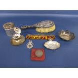 A mixed collection of silver items to include a silver ink standish, silver dressing brush, silver