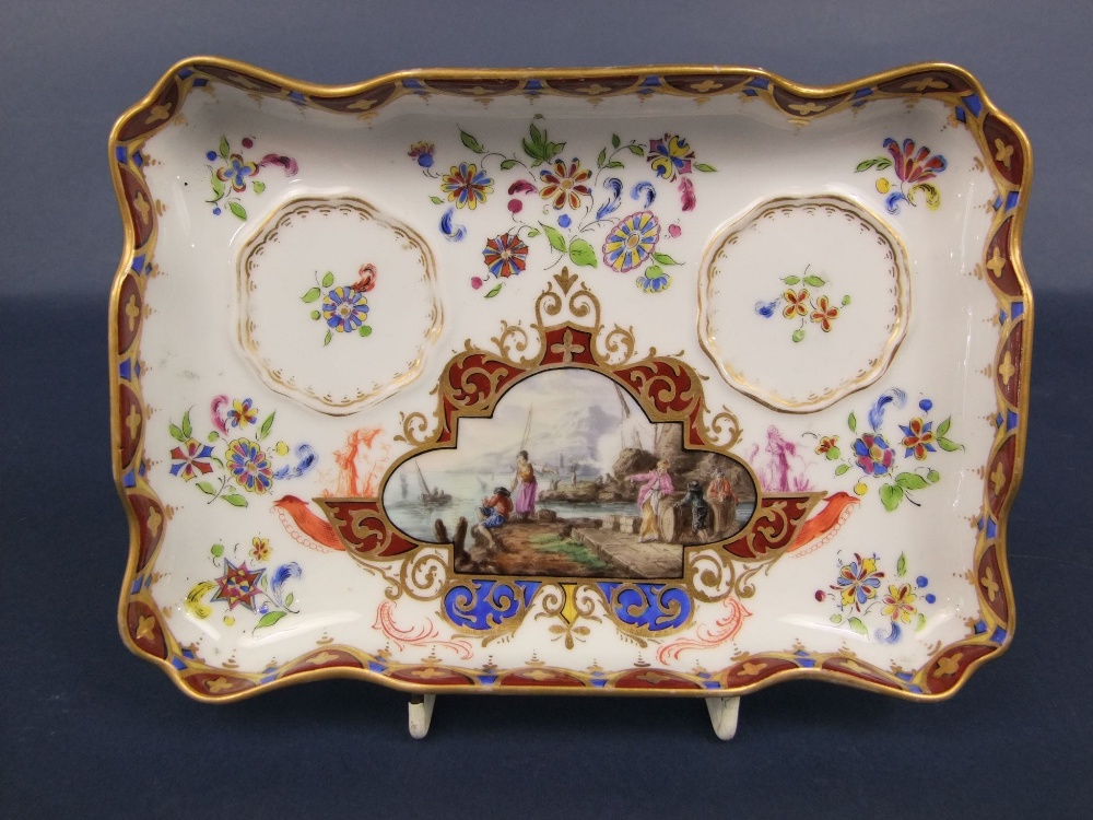 A 19th century continental Meissen type standish with reserved painted panels of harbour scenes, - Image 2 of 5