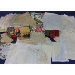 Box of good quality vintage table linen together with a pair of floral lined curtains W125 x D224