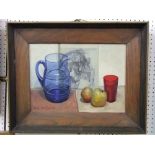 Hugh Ralph Micklem (British 1918-2009) - still life with blue glass jug and apples, oil on board,