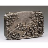 Impressive Victorian silver tobacco tin, the hinged lid decorated in relief with a rural sporting