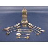 Silver square baluster castor together with a collection of silver flatware, 11oz approx