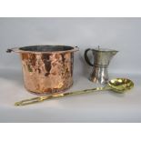 Collection of antique metal ware to include a copper coal bucket, a stylised pewter jug by Leo