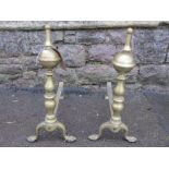 A pair of cast brass andirons with knopped stems and paw feet