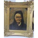 19th century school - shoulder length study of an old woman in black hood, oil on panel, unsigned,