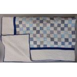 Machine stitched patchwork quilt with blue, white and checked fabric, 240 x 220cm approx together