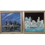 Law, 20th century, pair of studies of cityscapes (2), oil paintings on canvas, signed, 40 x 40 cm