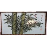 20th century - Oriental oil painting on canvas, bamboo with birds, 45 x 91cm in simulated bamboo