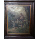 Early 20th century school, country scene with boy seated on a fence whittling a stick, oil on