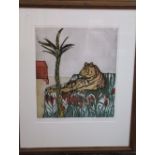 Tiffany McNab RE (Australian 1964-2010), Tiger and Palm tree, coloured limited edition etching,