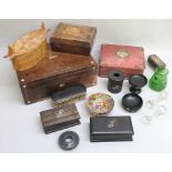 TWO EBONY TOILET BOXES, A ROSEWOOD WORKBOX WITH CONTENTS AND FOUR OTHER ITEMS, EACH WITH AN INITIAL,