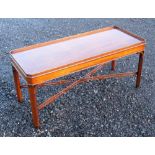 MAHOGANY RECTANGULAR COFFEE TABLE WITH A GALLERIED TOP, ON CHAMFERED LEGS, CROSS STRETCHERS (49cm