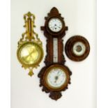 LATE VICTORIAN WHEEL BAROMETER, THERMOMETER AND TIMEPIECE IN A CARVED OAK CASE (H: 65cm),