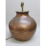 EQYPTIAN HAND BEATEN COPPER BEAN POT CONVERTED TO A TABLELAMP, RETAILED BY LIBERTY IN 1990'S (H: