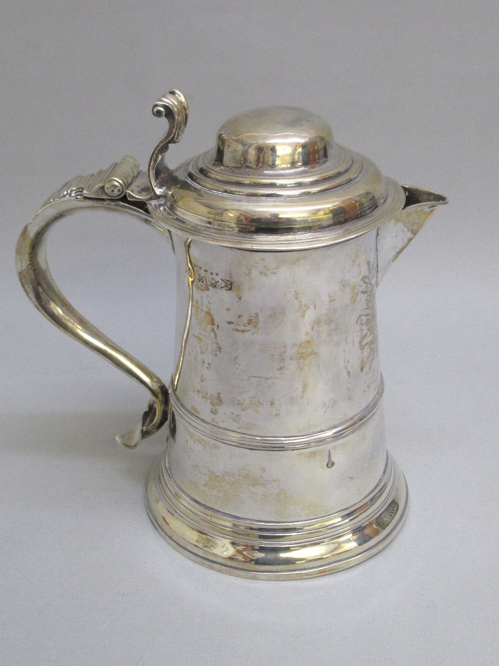 GEORGE III SILVER TANKARD 1764, WITH LATER SPOUT, RE-ASSAYED BY THE LONDON ASSAY OFFICE STAMPED 925.