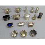 COLLECTION OF VARIOUS SILVER CRUETS INCLUDING A VICTORIAN SET OF THREE SALT CELLARS BY FF SF,