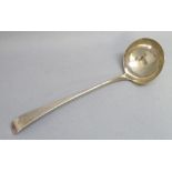 GEORGIAN SILVER OLD ENGLISH SOUP LADLE, CRESTED, BY STEPHEN ADAMS II, LONDON 1774, LENGTH 32cm (