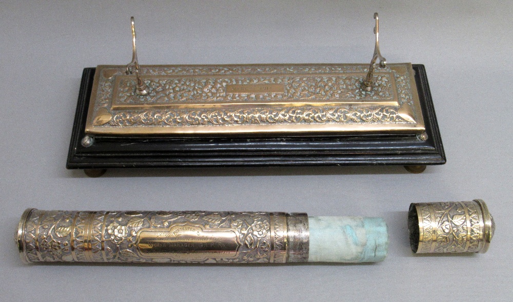 EARLY C20th INDIAN SILVER SCROLL/DOCUMENT HOLDER, CYLINDRICAL WITH REMOVABLE CAP AT ONE END,