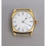 GENTLEMAN'S CUSHION SHAPED WRISTWATCH IN 18ct GOLD CASE, CONTAINING ANTIQUE GOING BARREL ¾ PLATE