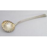 GEORGE III SILVER SOUP LADLE, THE HANDLE ENGRAVED WITH THE FOWKE FAMILY CREST AND MOTTO "ARMA