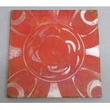 ALDERMASTON POTTERY RED, WHITE AND GOLD LUSTRE GLAZED 6" SQUARE TILE, MANUFACTURED ORIGINALLY BY