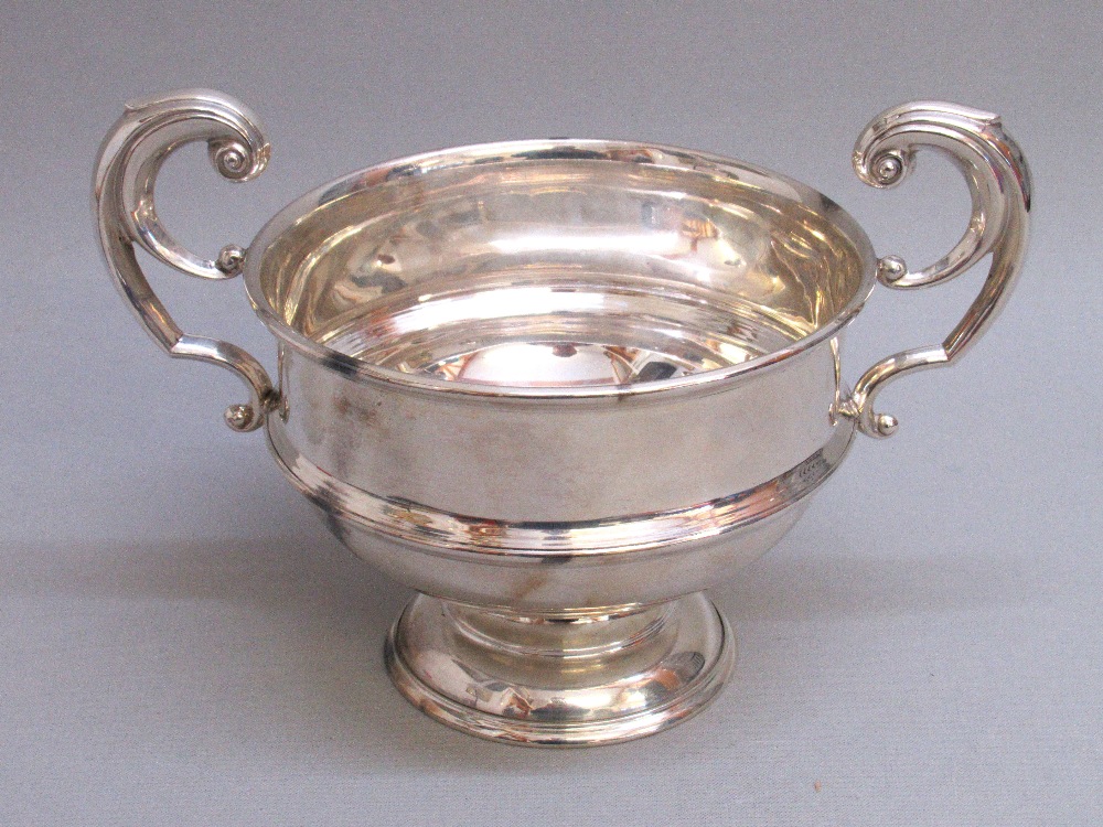 SILVER BOWL WITH SCROLL HANDLES ON A DOMED FOOT, MONOGRAM AND ENGRAVED DATE, BY JOSEPH GLOSTER