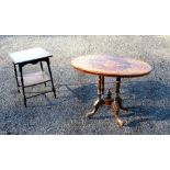 LATE VICTORIAN WALNUT AND BEECH TABLE WITH A FLORAL INLAID OVAL TOP, ON FOUR TURNED BALUSTER