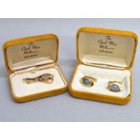 PAIR OF SILVER GILT CUFFLINKS, EACH SET WITH CABOCHON OPALS TOGETHER WITH A SILVER GILT HEART SHAPED