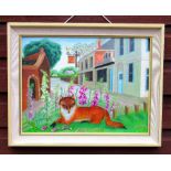ALICE WOUDHUYSEN, FOX IN A GARDEN WITH FOXGLOVES AND A PUB BEYOND, SIGNED, OIL ON BOARD (29cm x