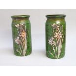 PAIR OF HEINTZ ART METAL SHOP DAFFODIL PATTERN VASES IN SPUN BRONZE WITH GREEN VERDE PATINATION